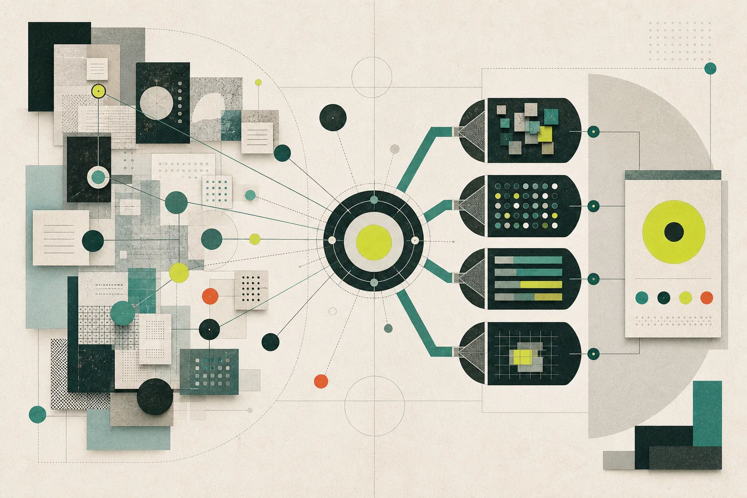 A central company entity connected to independent evidence and four synthesis systems that produce a verified answer.
