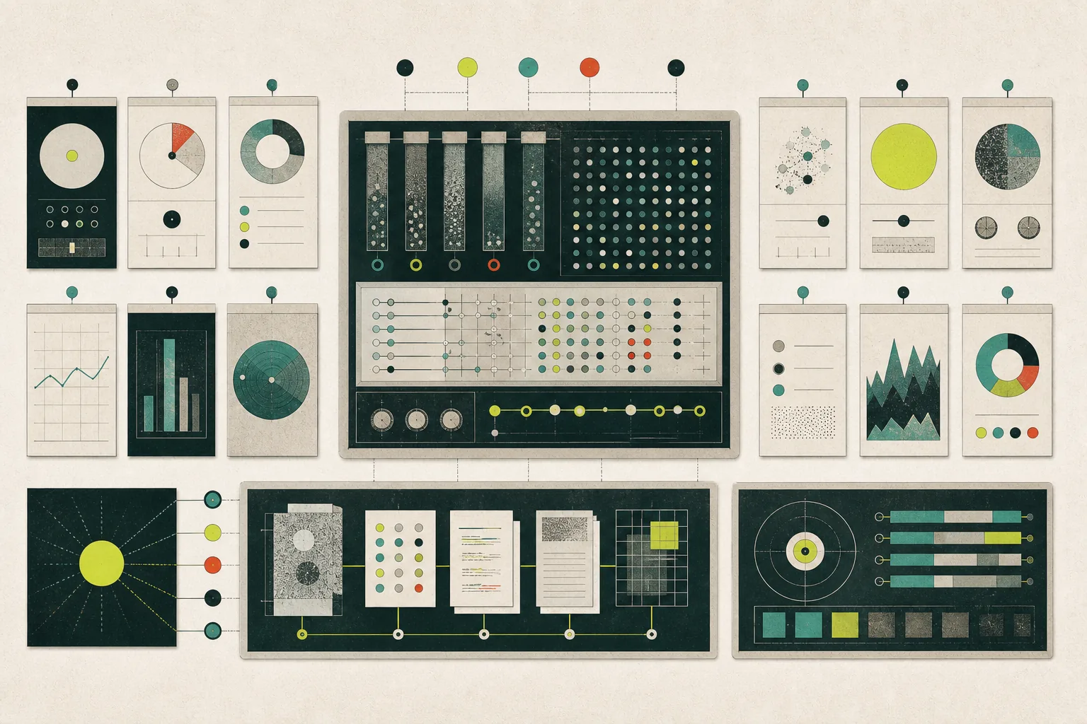 A field of AI visibility measurement instruments surrounding an evidence-grade repeated-run workstation.